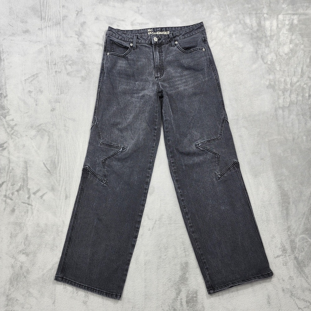 No Boundaries Jeans Women 8 Gray High Rise Wide‎ Leg Star Patches Stretch Denim